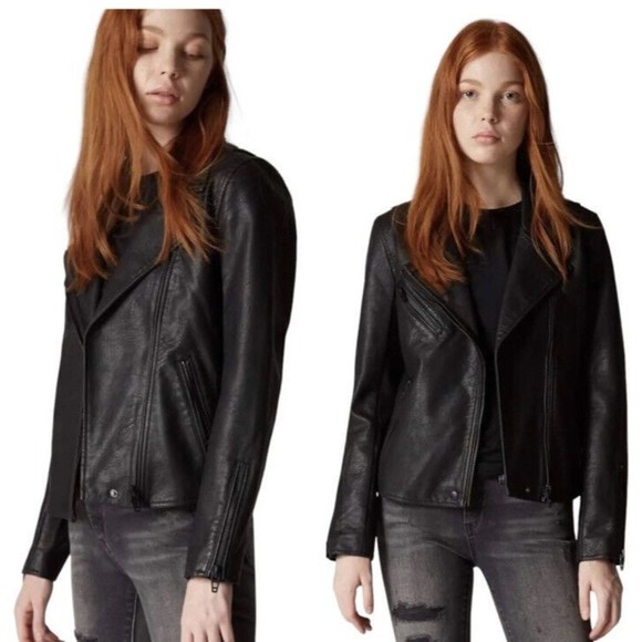 Black Faux Leather moto Biker Small,  Vintage Reinvented Jacket - Picture 4 of 7
